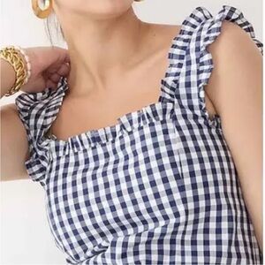J. Crew Gingham Ruffle Trim Stretch Cotton Poplin Tank Top